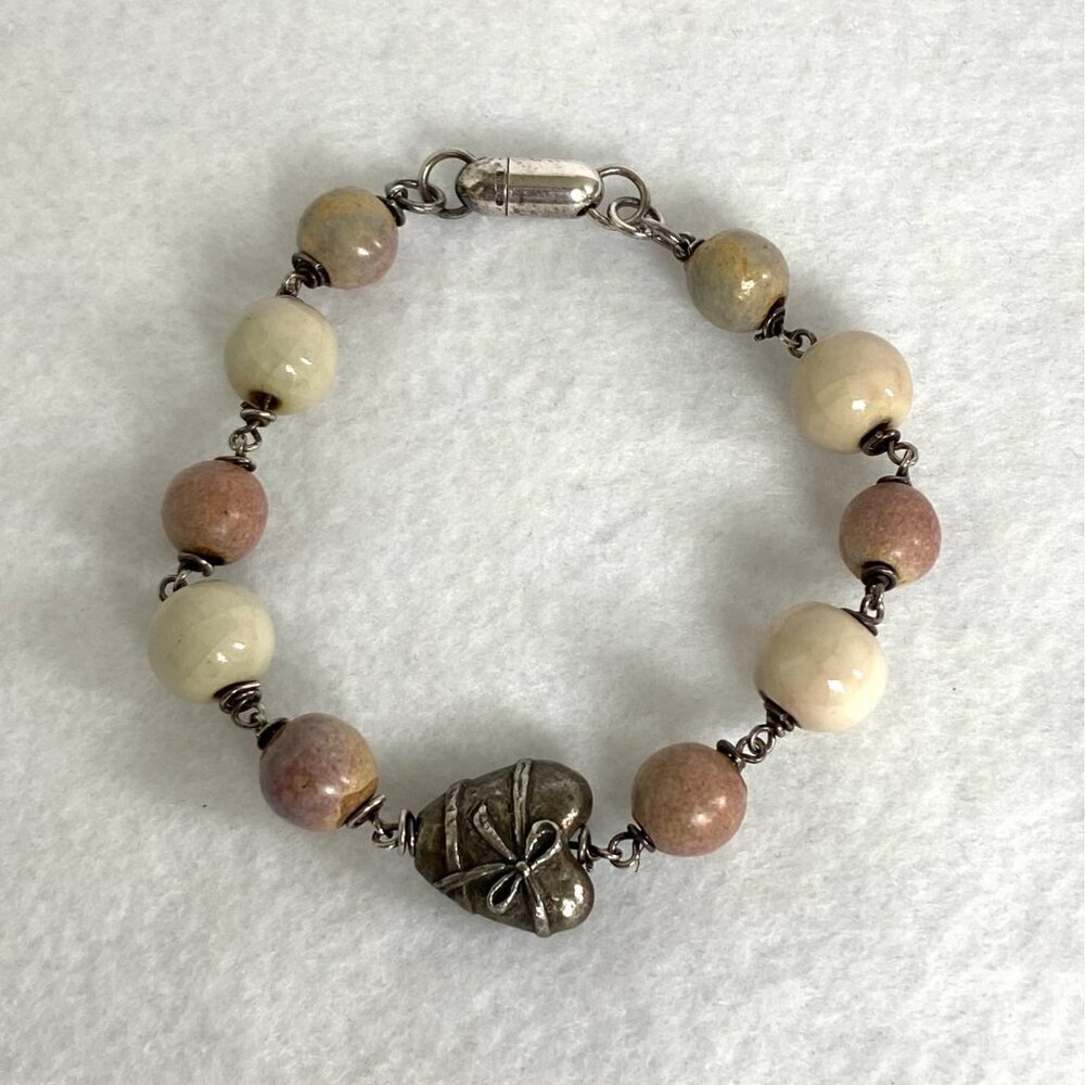 Sterling Silver 925 Italy Ceramic Beaded Pewter Heart Bow Bracelet